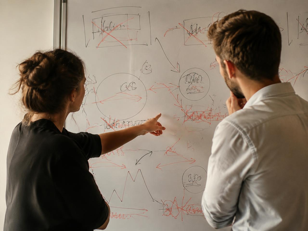 Two colleagues questioning diagrams on a whiteboard