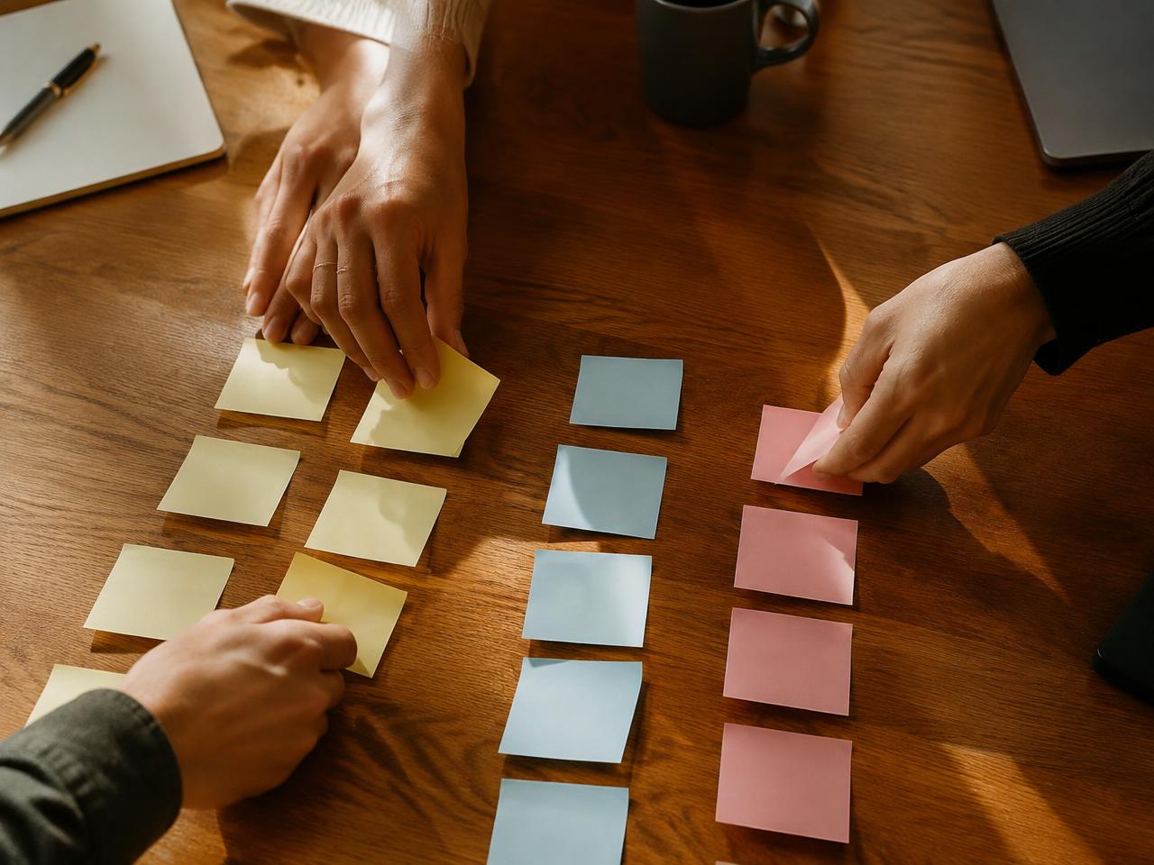 Hands arranging sticky notes into priorities on a table
