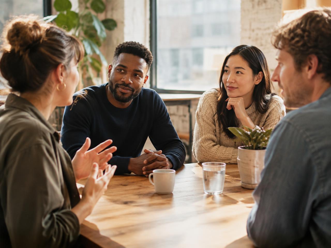 A small team in relaxed conversation around a table