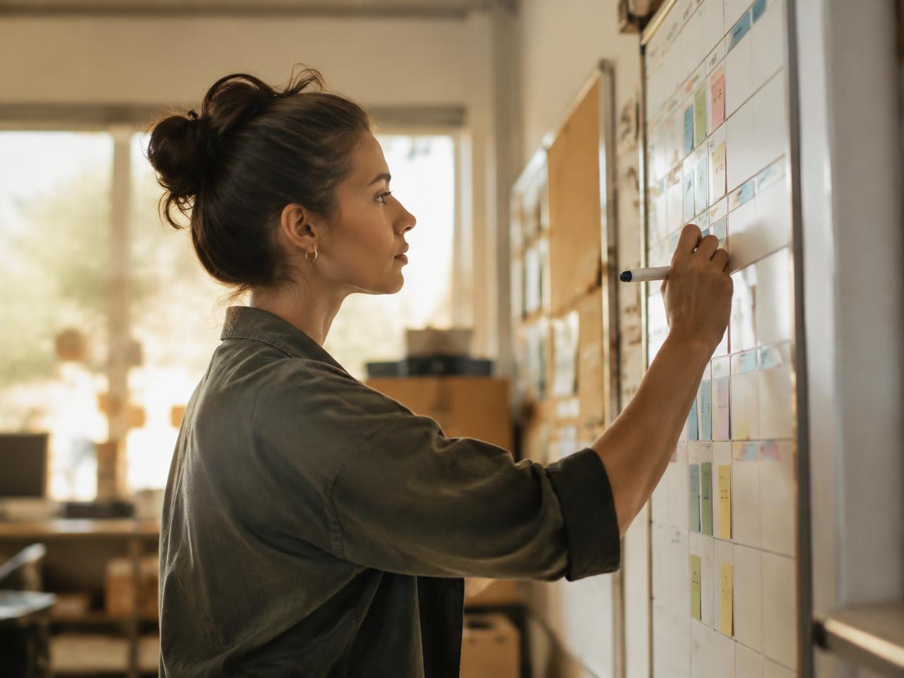 A team member updating a progress board