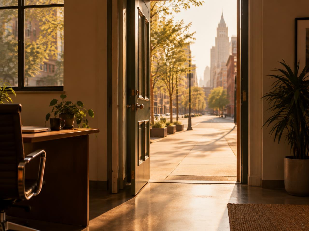 An open office door leading out onto a sunlit street