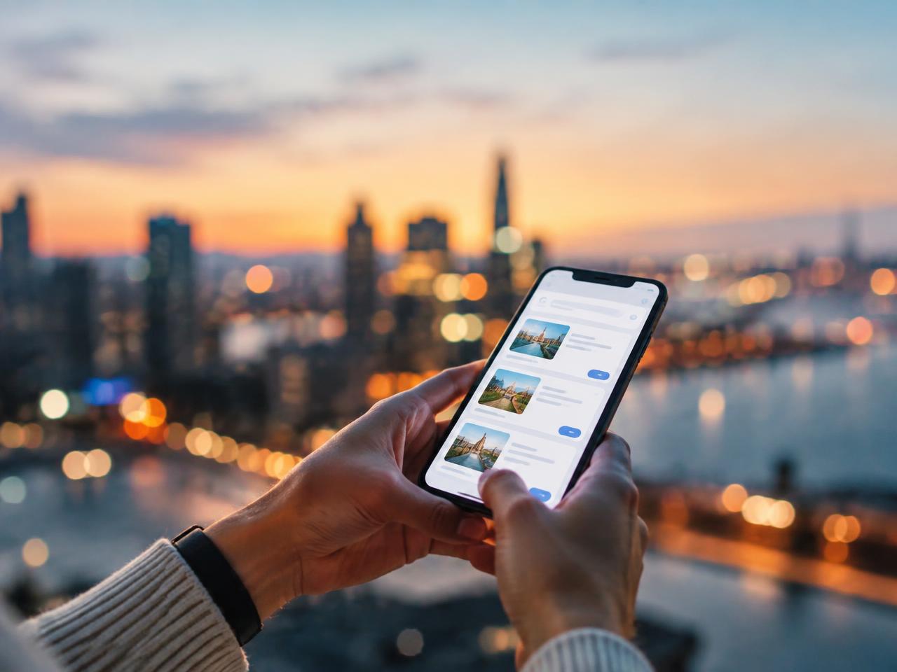 Hands holding a phone comparing options against a city skyline at dusk