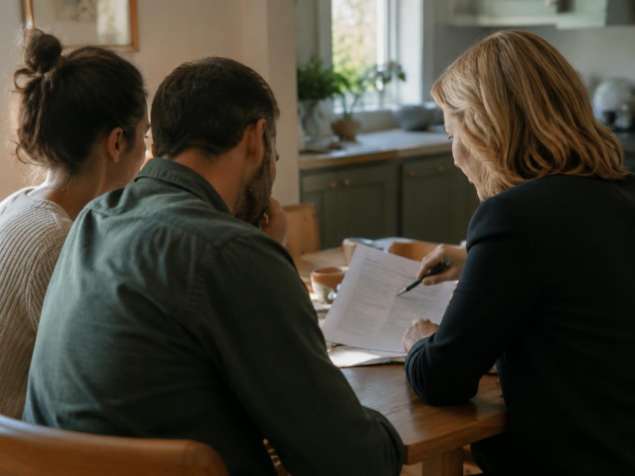 An adviser talking through a policy with a couple at their kitchen table