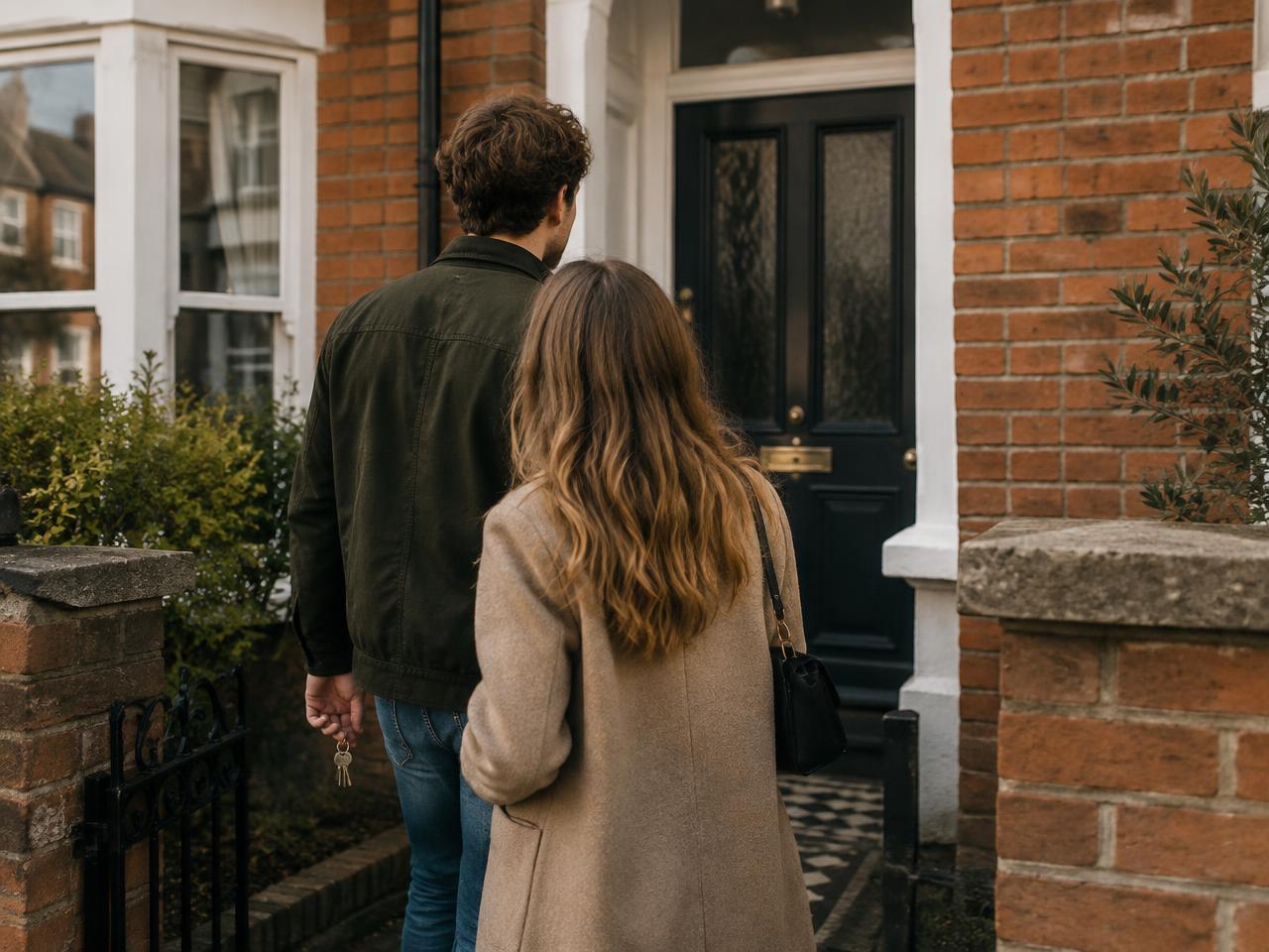 A couple with keys arriving at the front door of a terraced house