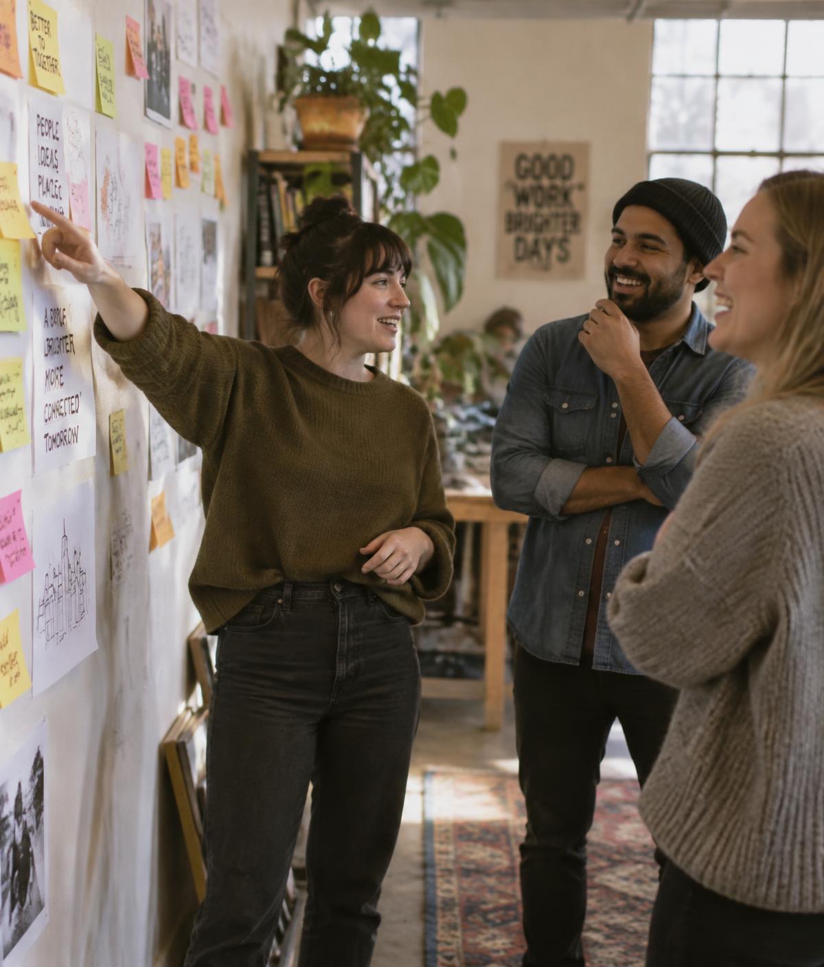 Colleagues talking and laughing together around a wall of handwritten notes