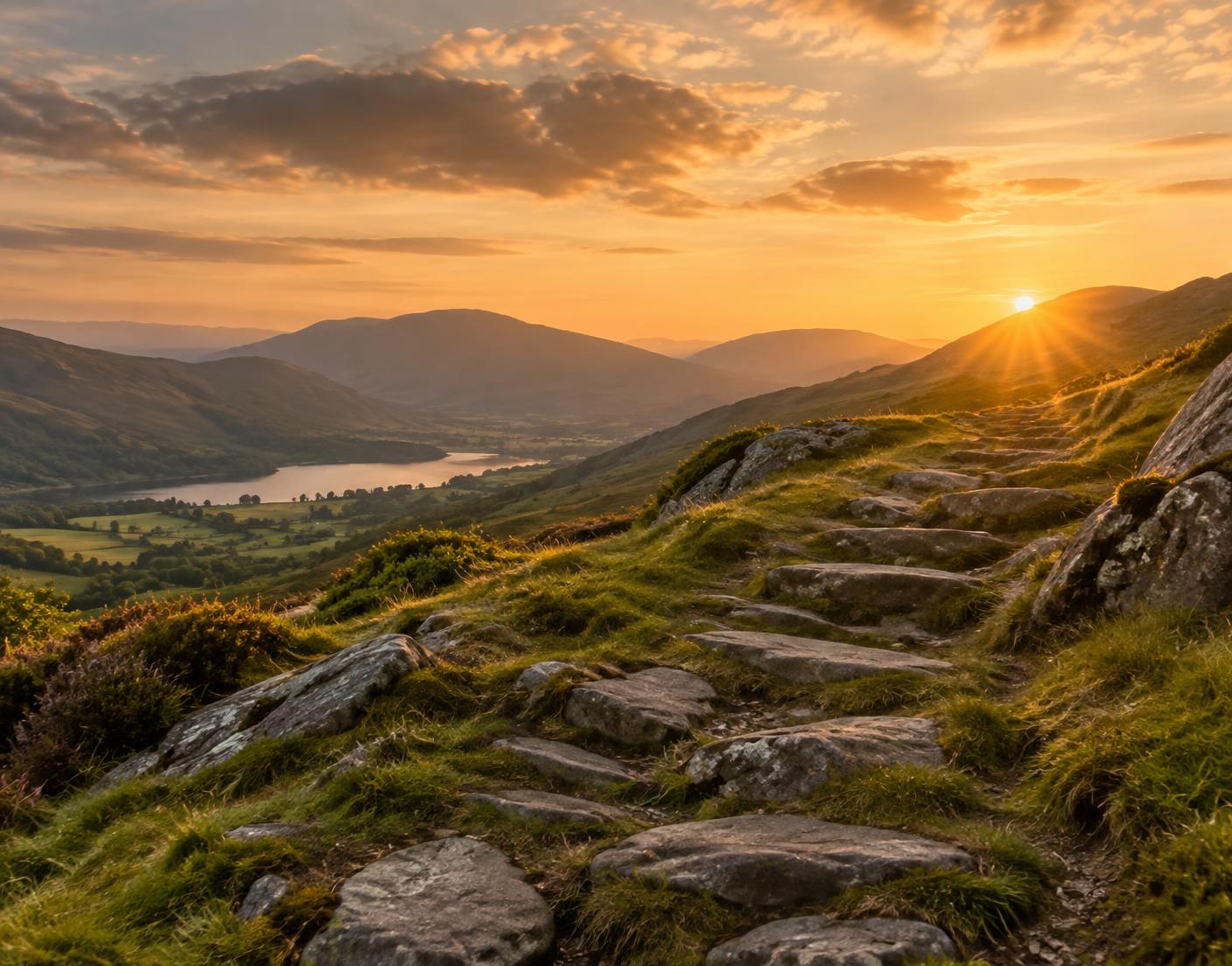 Stone steps climbing a grassy hillside towards the sunrise