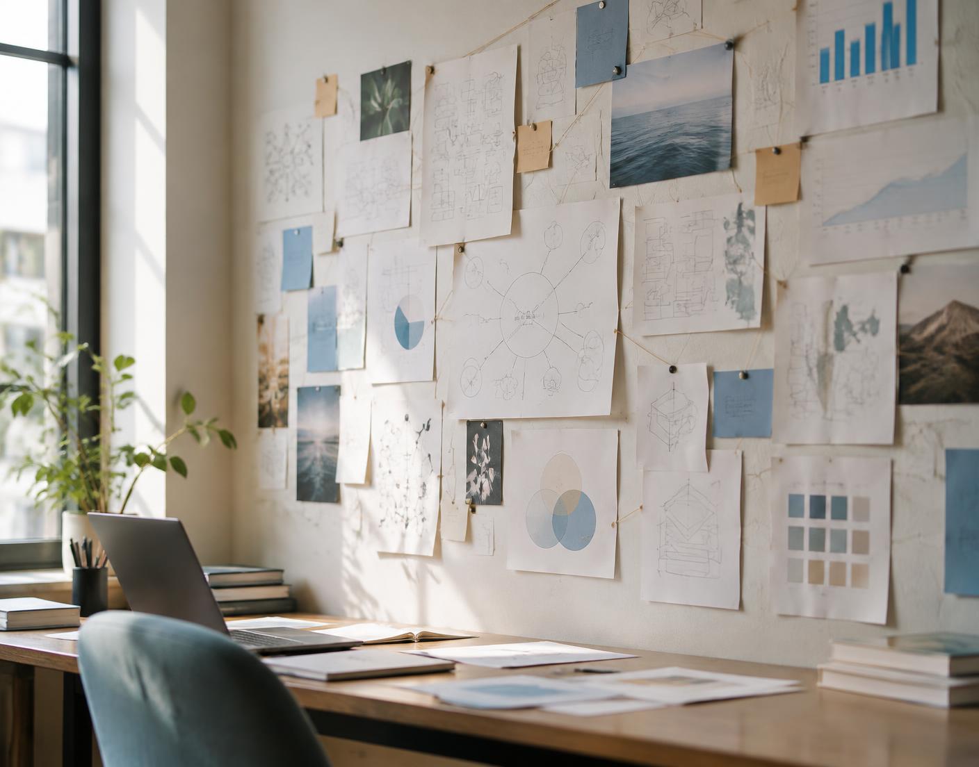 A wall of pinned notes, sketches and diagrams above a desk in natural light