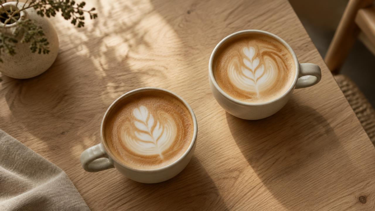 Two coffees on a wooden table in warm morning light